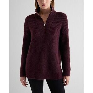 NEW Express Fuzzy Knit Quarter Zip Tunic Sweater Women's M Wool  Blend Burgundy